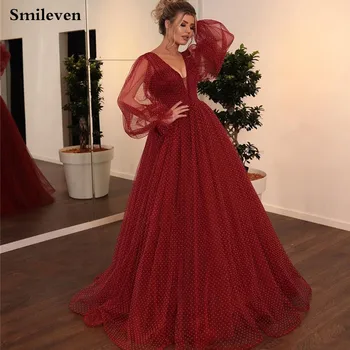 Smileven Бордовое Вечернее платье Трапециевидной формы с пышными рукавами, Праздничное Платье в Исламском стиле, Кафтан из Дубая, Саудовское Арабское Вечернее платье с V-образным вырезом