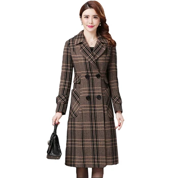Женское шерстяное пальто в клетку от кутюр 2023, осенняя куртка в клетку, корейская модная одежда, темперамент, Длинные шерстяные пальто толщиной