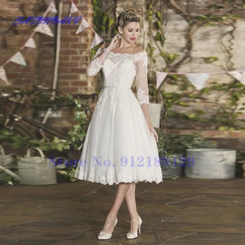 Новое Короткое Свадебное Платье 2021 Чайной Длины с вырезом Лодочкой, Открытыми плечами, Кружевными Аппликациями, Свадебное Платье Vestidos De Novia Sukienka