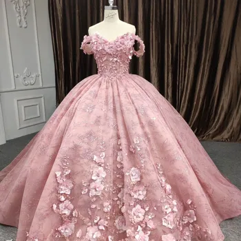 Розовые Блестящие Пышные Платья В Виде Сердечка, Бальное Платье С Кружевными Аппликациями 3DFlower, Вечернее Платье на Шнуровке 2023
