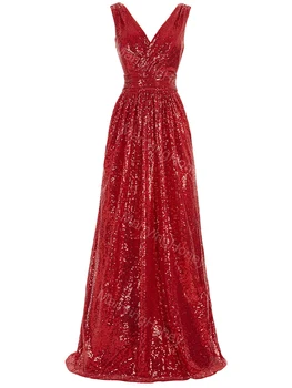 Женское Длинное платье для выпускного вечера с блестящими пайетками, коктейльное платье трапециевидной формы без рукавов, вечерние платья с V-образным вырезом и рюшами