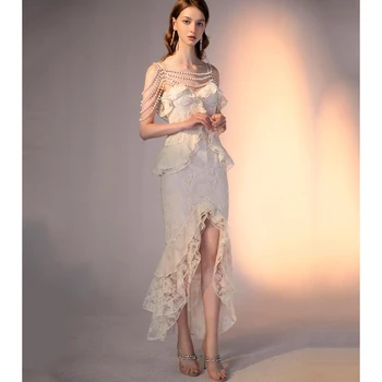 Женское бальное платье во французском стиле, жемчужное кружевное спагетти, с разрезом по бокам, длиной до щиколоток, высококачественное платье для выпускного вечера, модное и элегантное