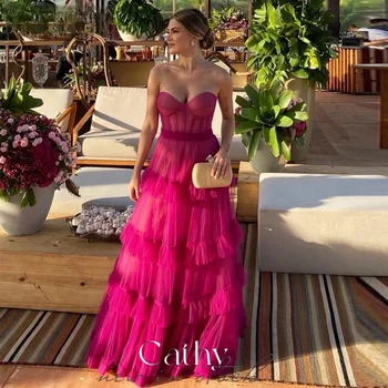 Cathy Rose Vestidos De Novia без бретелек, ярко-розовое многослойное платье в пол для выпускного вечера 2023, Сексуальное платье без рукавов с завитками по краю