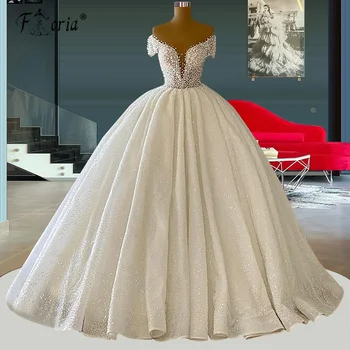 Vestido De Noiva Милая, Роскошное бальное платье с открытыми плечами, Свадебные платья с короткими рукавами, расшитое бисером и жемчугом, свадебное платье-юбка