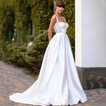 Восемь белых Свадебных платьев Трапециевидной формы, Платье Принцессы Невесты с блестками, Атласное Свадебное платье с открытой спиной, Вечернее платье для выпускного вечера, Плюс размер