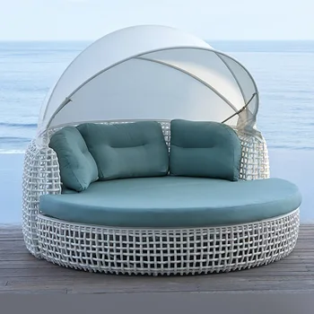 Открытая лежачая кровать в скандинавском стиле открытый ротанговый диван-кровать курортный бассейн для отдыха ротанговое кресло пляжное глубокое кресло