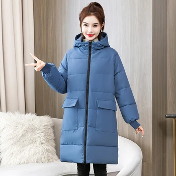 2023 Зимнее пальто для женщин, хлопковая пуховая куртка, зимняя одежда, новая однотонная теплая повседневная Свободная женская куртка с капюшоном, длинные парки