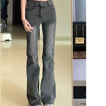 Черные, серые Женские джинсы с высокой талией, расклешенные брюки, Винтажная американская уличная мода, Широкие джинсовые Женские Джинсовые брюки, мешковатые джинсовые брюки