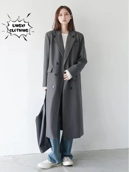 Корейская версия Серого тренча, удлиненный тренч в костюмном стиле для женщин осенью и зимой 2022, новое британское винтажное пальто