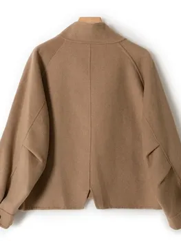 Женская короткая куртка с воротником-стойкой, двухсторонние шерстяные карманы, пальто с длинным рукавом, однотонный свободный крой, английский стиль