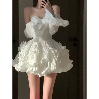Винтажное пышное платье, весеннее платье, 2023 в бегах, маленький аромат принцессы, белое платье, мини-платье, женская одежда Slim Fit