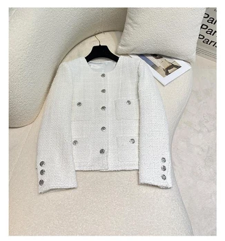 2023 Осенние Женские Твидовые куртки Высокого качества во французском стиле, Белые куртки с круглым вырезом и карманами, короткое пальто F009