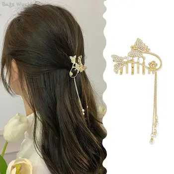 1 шт. Корейская женская заколка для волос с золотой бабочкой, большая элегантная роскошная винтажная заколка для волос с бриллиантами и жемчугом, аксессуары для волос