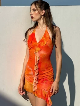 Женское летнее платье в стиле знаменитостей 2023, сексуальное платье с V-образным вырезом, открытой спиной, рюшами, 3D эффектом, приталенное, нерегулярной формы