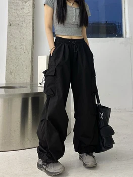 Новые уличные брюки-карго в стиле хип-хоп, женские модные свободные брюки с карманами, летние корейские брюки Bf с высокой талией и широкими штанинами, Новые