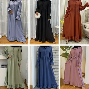 2022 Мусульманский халат, Женское однотонное мусульманское платье с круглым вырезом, Дубай, Турция, сарафан-хиджаб Абайя