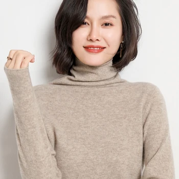 Кашемировый свитер, женский свитер с высоким воротом, 100% чистая шерсть, вязаный пуловер с длинным рукавом, женский базовый свитер, корейский модный топ