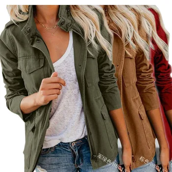 Весенне-осенний приталенный Модный тренд, Однотонная Свободная куртка на молнии с несколькими карманами, женское пальто