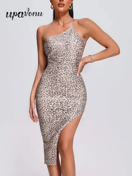 Сексуальное Летнее Платье с леопардовым принтом, Женское Облегающее платье на бретельках без рукавов с разрезом сзади на шнуровке, Вечернее Коктейльное платье Vestido