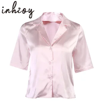 Женская рабочая одежда, повседневная блузка из атласа и шелка с коротким рукавом и отложным воротником, Однотонные Шикарные повседневные топы, Розовые рубашки для женщин