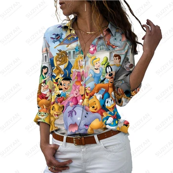 Свободная рубашка Женская Disney Family Рубашка с длинным рукавом Темпераментный топ 2023 Новая рубашка на пуговицах Топ с воротником Поло Модный женский топ