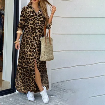 Праздничный Винтажный Леопардовый халат 2023, Осеннее Повседневное платье Макси с длинным рукавом, Модное Женское платье-рубашка Оверсайз 1
