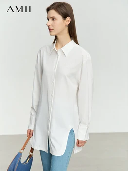 AMII Минималистичная Женская рубашка 2023, осенняя Офисная Женская однотонная рубашка с отложным воротником и вышивкой, Свободные топы, Длинная рубашка и блузка 12323015