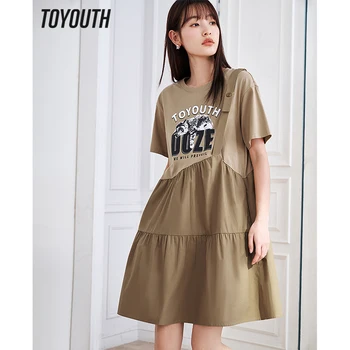 Toyouth Женское поддельное платье из двух частей, Лето 2023, Короткий рукав, О-образный вырез, А-образная эластичная талия, Графический принт, Повседневная юбка средней длины