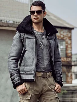 Новое Дубленочное пальто, Мужская куртка-бомбер B3, Короткое Меховое пальто, Серая Кожаная куртка, Модная Мотоциклетная куртка, мужские зимние пальто