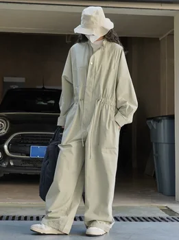 Весенне-осенний женский повседневный однотонный комбинезон с карманами, Свободные рабочие брюки, комбинезон