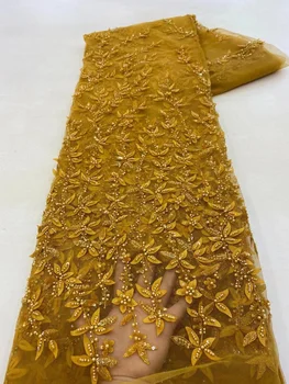 Нигерийская вышивка Пайетками Французская Сетчатая кружевная ткань Новейшие африканские кружевные ткани ручной работы из бисера и тюля для вечеринки свадьбы QF0442
