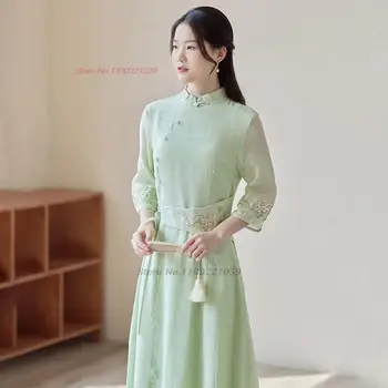 2023 традиционное китайское платье чонсам, национальный чайный сервиз hanfu, винтажное шифоновое платье с цветочной вышивкой, элегантное вечернее платье