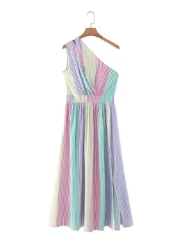 Летнее Женское длинное платье в цветную полоску с дизайном на одно плечо, высококачественная мода, курортный стиль