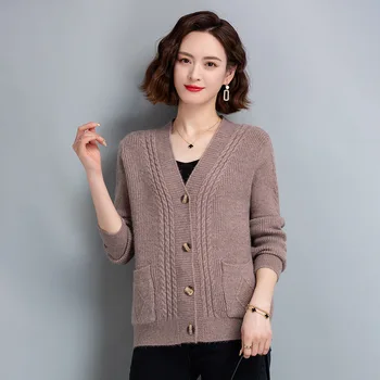 Корейский стиль, однотонные повседневные свитера, Кардиган с длинным рукавом, Однобортная зимняя вязаная куртка среднего возраста, Тонкая верхняя одежда