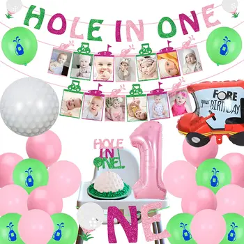 Дырка в одном Розово-Зеленая Тема для Гольфа Украшения на 1-й День Рождения для Девочки Дырка В одном Фото Баннер Топпер Для Торта Номер 1 Воздушный Шар