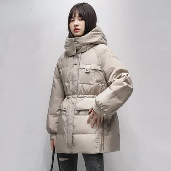 Новинка зимы 2023, модные женские шикарные однотонные теплые куртки с капюшоном, корейские женские повседневные пальто на белом утином пуху, одежда D01