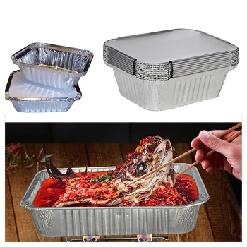 10 шт. одноразовых контейнеров для еды на вынос из алюминиевой фольги прямоугольной формы с алюминиевыми крышками/без крышки