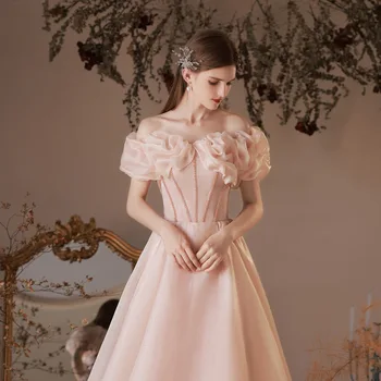 Летнее Женское Розовое Свадебное платье без бретелек с открытыми плечами, украшенное цветами, Вечерние Платья на шнуровке сзади, Тонкое бальное платье Принцессы