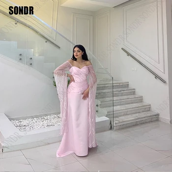 SONDR Розовые атласные Пляжные платья для выпускного вечера с блестящими длинными рукавами от жакета, вечерние платья для вечеринок в Арабском стиле, Платье на заказ