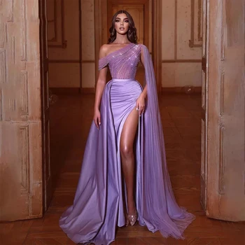 Великолепные платья на одно плечо с кристаллами, расшитые бисером, Прозрачные фиолетовые Элегантные вечерние платья Vestido Longo Feminino Robe De